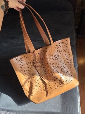 Frye Carson Floral Perforated Laser Cut Leather Tote Bag Purse, Cognac